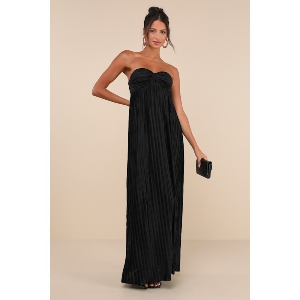 Lulus Whimsical Beauty Black Satin Plisse Strapless Maxi Dress - Size XS